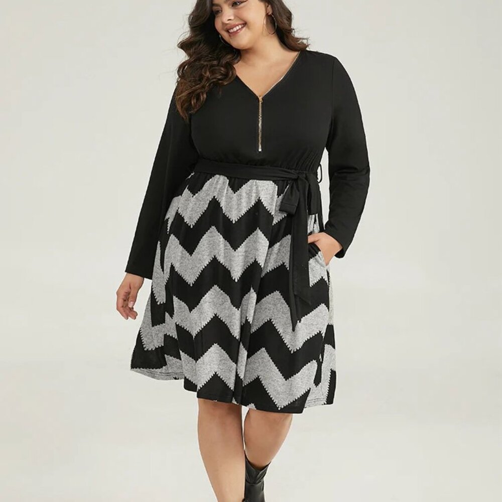 NWT BloomChic Striped Pockets Elastic Waist Patchwork Zipper Dress 12 Large